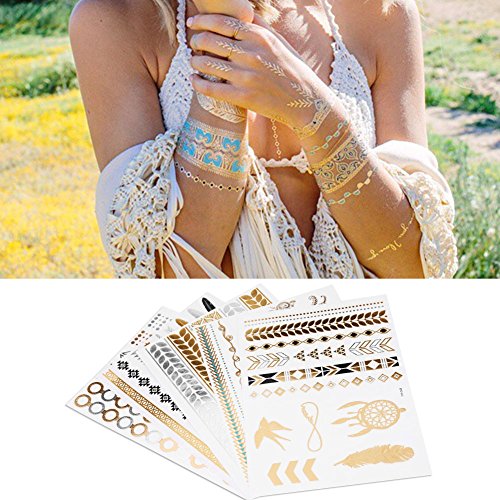 Temporäre Metallic-Tattoos, 5 Große Blätter, Gemischte Gold-Silber-Glitter-Farbblitz-Fälschung, Wasserdichte Tattoo-Aufkleber für Erwachsene, Kinder, Strandfeste, Partys von Jonlaki