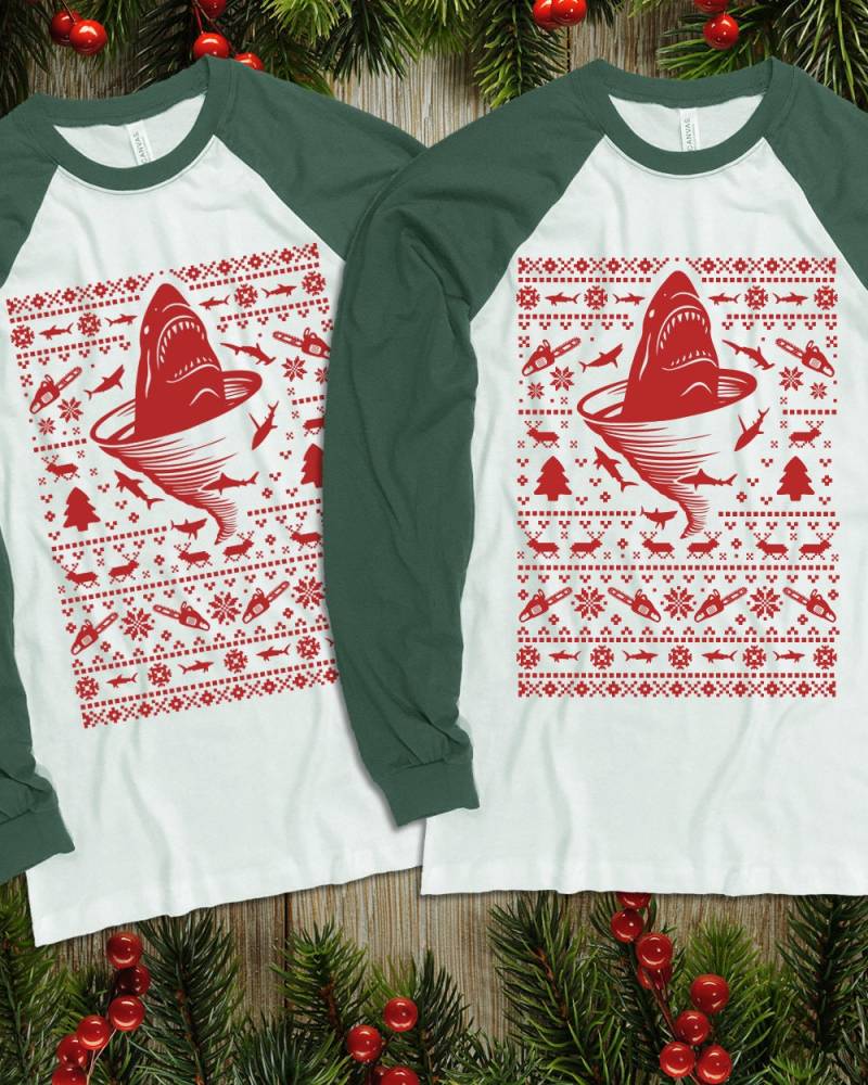 Neue Shark Tornado Inspiriert "Shark Hässlich Christmas Sweater" Paar Unisex Langarm Baseball-stil-Hemden Für Weihnachtsfeier von JonnyTeez