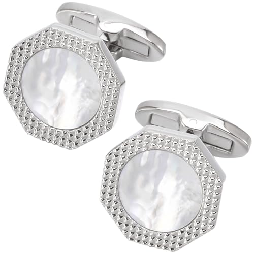 Jonwo Achteck Perlmutt Manschettenknöpfe für Herren In Geschenkbox Silber Vergoldet Manschettenknöpfe Men Cufflinks Hochzeit Hemd Party Geburtstag Jubiläum Kleid (Silber Cufflinks) von Jonwo