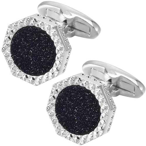 Jonwo Achteckige Blau Sandstein Manschettenknöpfe für Männer mit Geschenkbox Silber Vergoldet Manschettenknöpfe Men Cufflinks Hochzeit Hemd Party Geburtstag Jubiläum Kleid (Silber Cufflinks) von Jonwo