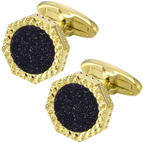 Jonwo Achteckige Blau Sandstein Manschettenknöpfe für Männer mit Geschenkbox Silber Vergoldet Manschettenknöpfe Men Cufflinks Hochzeit Hemd Party Geburtstag Jubiläum Kleid (Vergoldete Cufflinks) von Jonwo