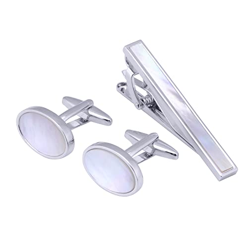 Jonwo Perlmutt 4.5cm Krawattennadeln und Manschettenknöpfe für Herren Silber Gold Cufflinks Tie Clip Hochzeit Hemd Party Geburtstag Jubiläum Kleid (Oval Silber Cufflinks Tie Clip Set) von Jonwo