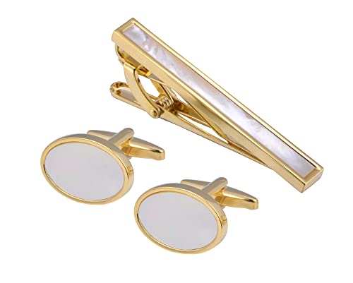 Jonwo Perlmutt 4.5cm Krawattennadeln und Manschettenknöpfe für Herren Silber Gold Cufflinks Tie Clip Hochzeit Hemd Party Geburtstag Jubiläum Kleid (Oval Vergoldet Cufflinks Tie Clip Set) von Jonwo