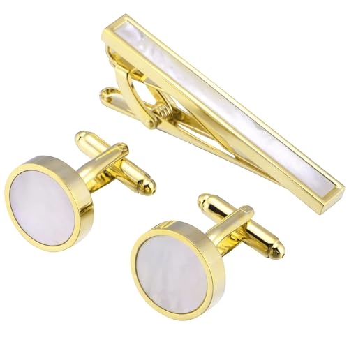 Jonwo Perlmutt 4.5cm Krawattennadeln und Manschettenknöpfe für Herren Silber Gold Cufflinks Tie Clip Hochzeit Hemd Party Geburtstag Jubiläum Kleid (Runde Vergoldet Cufflinks Tie Clip Set) von Jonwo