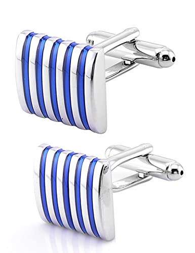 Jonwo Quadrat Manschettenknöpfe für Herren In Geschenkbox Silber Streifen Männer Cufflinks Manschettenknopf Schmuck Hochzeit Hemd Tanzparty Ferien Jubiläum Kleid (Blau Streifen) von Jonwo