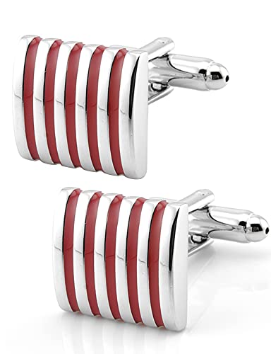 Jonwo Quadrat Manschettenknöpfe für Herren In Geschenkbox Silber Streifen Männer Cufflinks Manschettenknopf Schmuck Hochzeit Hemd Tanzparty Ferien Jubiläum Kleid (Rot Streifen) von Jonwo