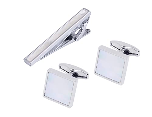 Jonwo Quadrat Perlmutt Krawattennadeln Manschettenknöpfe Herren Silber Manschettenknöpfe Cufflinks Tie Clip Hochzeit Hemd Party Geburtstag Jubiläum Kleid (Silber Manschettenknöpfe Krawattennadeln) von Jonwo