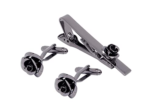 Jonwo Rose Blume 5.7cm Krawattennadeln Manschettenknöpfe für Herren Silber Schwarz Gold Cufflinks Tie Clip Hochzeit Hemd Party Geburtstag Jubiläum Kleid (Schwarz) von Jonwo