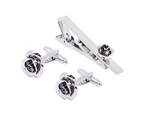 Jonwo Rose Blume 5.7cm Krawattennadeln Manschettenknöpfe für Herren Silber Schwarz Gold Cufflinks Tie Clip Hochzeit Hemd Party Geburtstag Jubiläum Kleid (Silber) von Jonwo