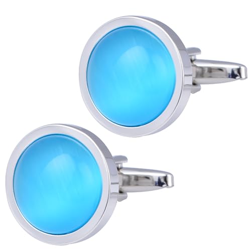Jonwo Runden Opal Stein Manschettenknöpfe für Herren In Geschenkbox Katzenauge Schmuck Cufflinks Hochzeit Hemd Tanzparty Ferien Jubiläum Kleid (Blau) von Jonwo