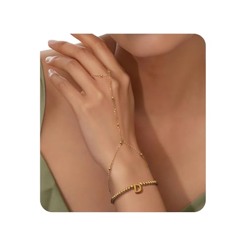 Joo&Rind Armband mit Buchstaben Handkette Gold Damen Armband mit Ring Verbunden 18K Vergoldet Perlen Armbänder Frauen A-Z Schmuck für Geburtstag Geschenke von Joo&Rind