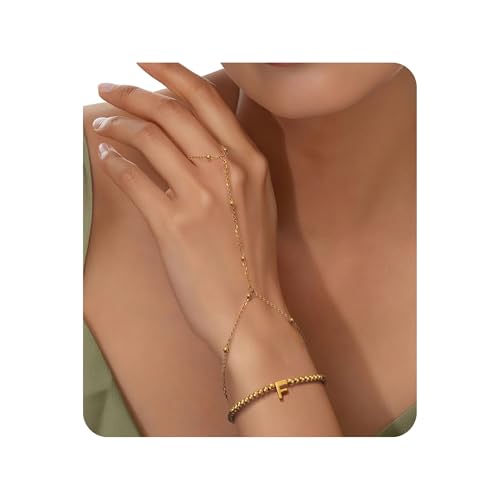 Joo&Rind Armband mit Buchstaben Handkette Gold Damen Armband mit Ring Verbunden 18K Vergoldet Perlen Armbänder Frauen A-Z Schmuck für Geburtstag Geschenke von Joo&Rind