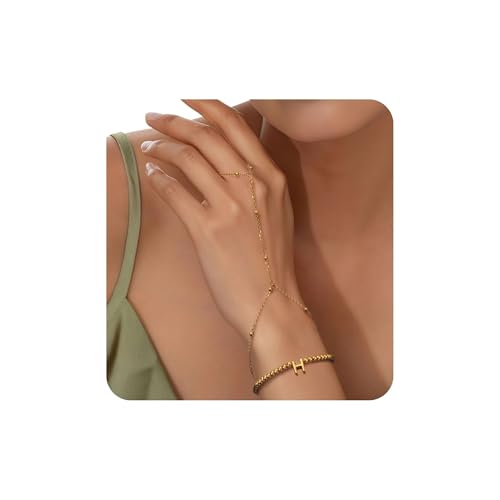Joo&Rind Armband mit Buchstaben Handkette Gold Damen Armband mit Ring Verbunden 18K Vergoldet Perlen Armbänder Frauen A-Z Schmuck für Geburtstag Geschenke von Joo&Rind