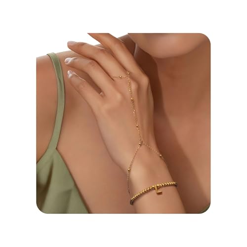 Joo&Rind Armband mit Buchstaben Handkette Gold Damen Armband mit Ring Verbunden 18K Vergoldet Perlen Armbänder Frauen A-Z Schmuck für Geburtstag Geschenke von Joo&Rind