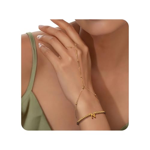 Joo&Rind Armband mit Buchstaben Handkette Gold Damen Armband mit Ring Verbunden 18K Vergoldet Perlen Armbänder Frauen A-Z Schmuck für Geburtstag Geschenke von Joo&Rind