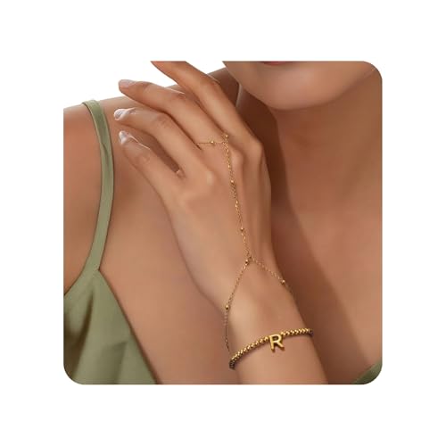 Joo&Rind Armband mit Buchstaben Handkette Gold Damen Armband mit Ring Verbunden 18K Vergoldet Perlen Armbänder Frauen A-Z Schmuck für Geburtstag Geschenke von Joo&Rind
