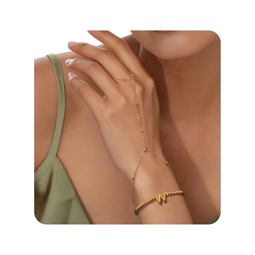 Joo&Rind Armband mit Buchstaben Handkette Gold Damen Armband mit Ring Verbunden 18K Vergoldet Perlen Armbänder Frauen A-Z Schmuck für Geburtstag Geschenke von Joo&Rind