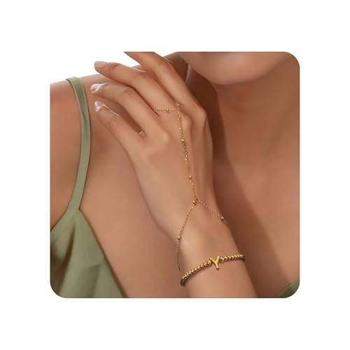Joo&Rind Armband mit Buchstaben Handkette Gold Damen Armband mit Ring Verbunden 18K Vergoldet Perlen Armbänder Frauen A-Z Schmuck für Geburtstag Geschenke von Joo&Rind