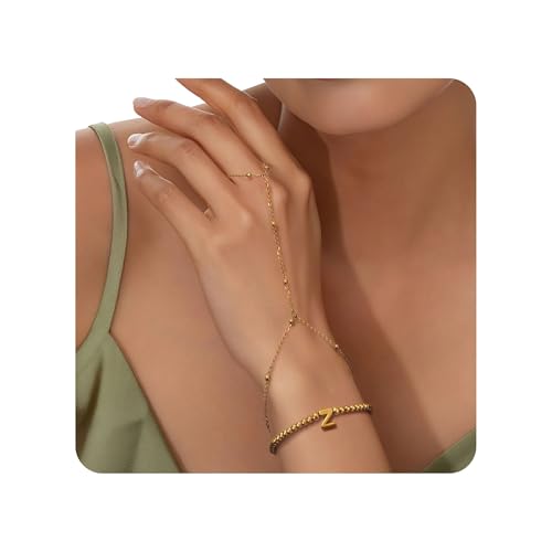 Joo&Rind Armband mit Buchstaben Handkette Gold Damen Armband mit Ring Verbunden 18K Vergoldet Perlen Armbänder Frauen A-Z Schmuck für Geburtstag Geschenke von Joo&Rind