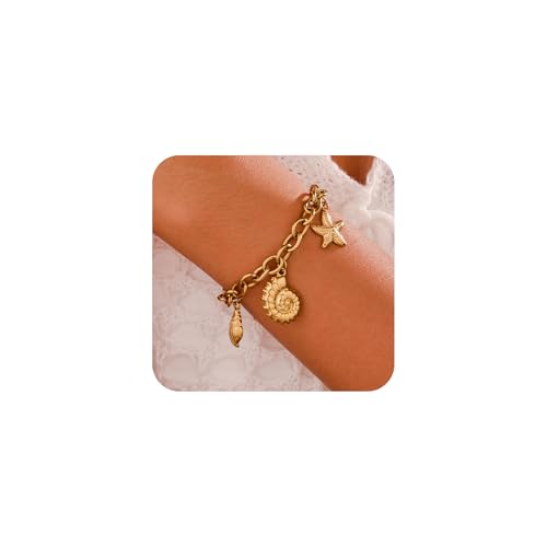 Joo&Rind Armband Damen Gold Charm Gliederarmband Muschel Seestern Edelstahl 18K Vergoldet Armbänder Goldene Wasserfest Schmuck Geschenk für Frauen von Joo&Rind