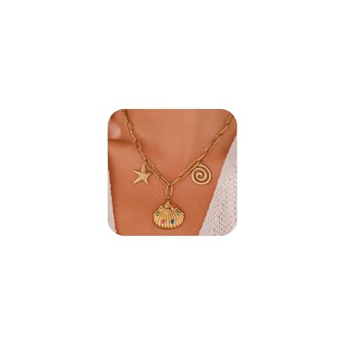 Joo&Rind Kette Gold Damen Charm Halskette mit Seestern Muschel 18K Vergoldet Edelstahl Wasserfest Sommer Schmuck für Frauen von Joo&Rind