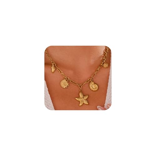 Joo&Rind Kette Gold Damen Charm Halskette mit Seestern Muschel 18K Vergoldet Edelstahl Wasserfest Sommer Schmuck für Frauen von Joo&Rind