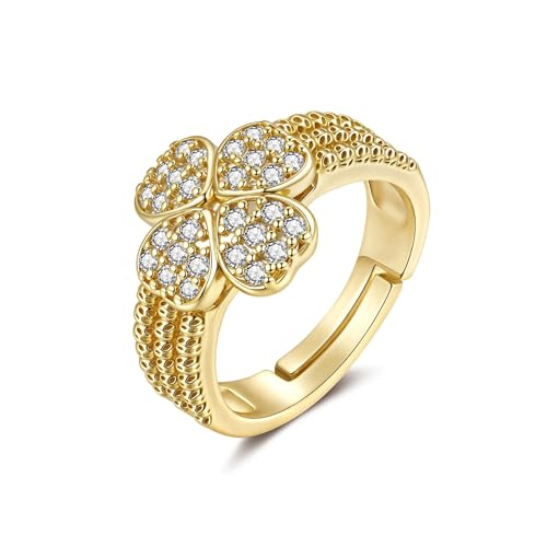 Joo&Rind Ringe Gold Damen Kleeblatt Verstellbar Ring aus Zirkonia 14K Vergoldet Wasserfest Glücksbringer Schmuck Geschenk für Frauen von Joo&Rind