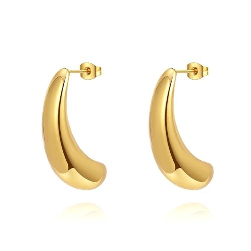 Ohrringe Gold Creolen Gold, Klobige Ohrringe Gold Hypoallergene Edelstahl Ohrringe Damen Offene Ohrstecker Gold Statement Schmuck Damen, Geschenke Für Frauen (Small Banana) von Joo&Rind