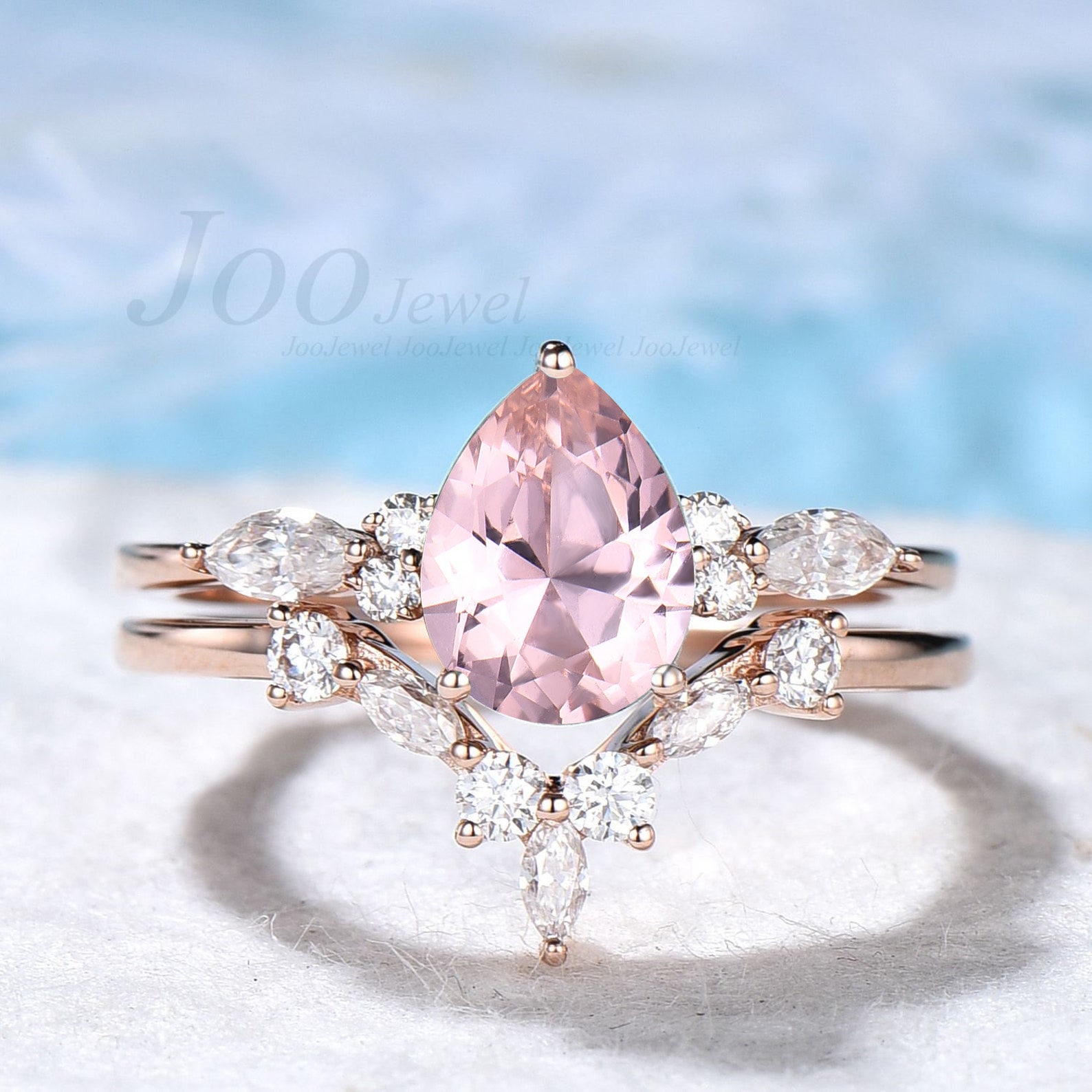 1.25Ct Pear Shaped Morganit Verlobungsring Set Sterling Silber Rosa Ring Marquise Cz Diamant Für Frauen Kristall Braut von JooJewel