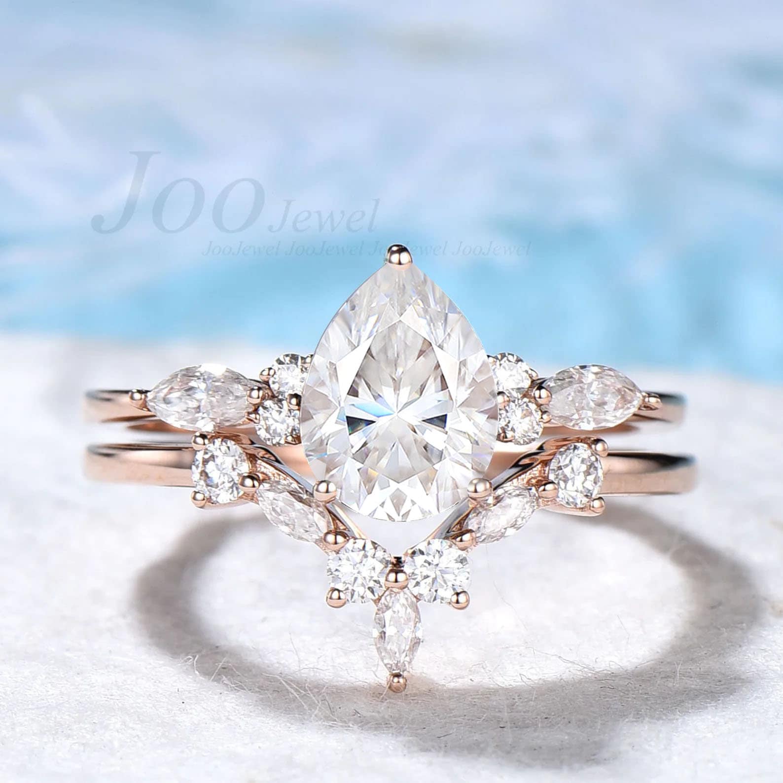 Birnenförmige Moissanit Verlobungsring Sterling Silber Cluster Diamant Einfache Hochzeit Braut Set Rose Gold Schmuck von JooJewel