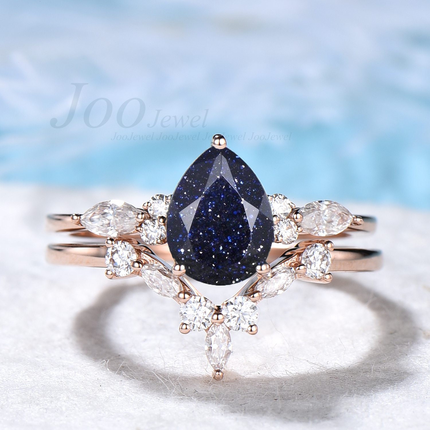 Blauer Sandstein Ring Set Sterling Silber Birnen Damen Edelstein Schmuck Vintage Diamant Verlobungsring Galaxy Sternenhimmel von JooJewel