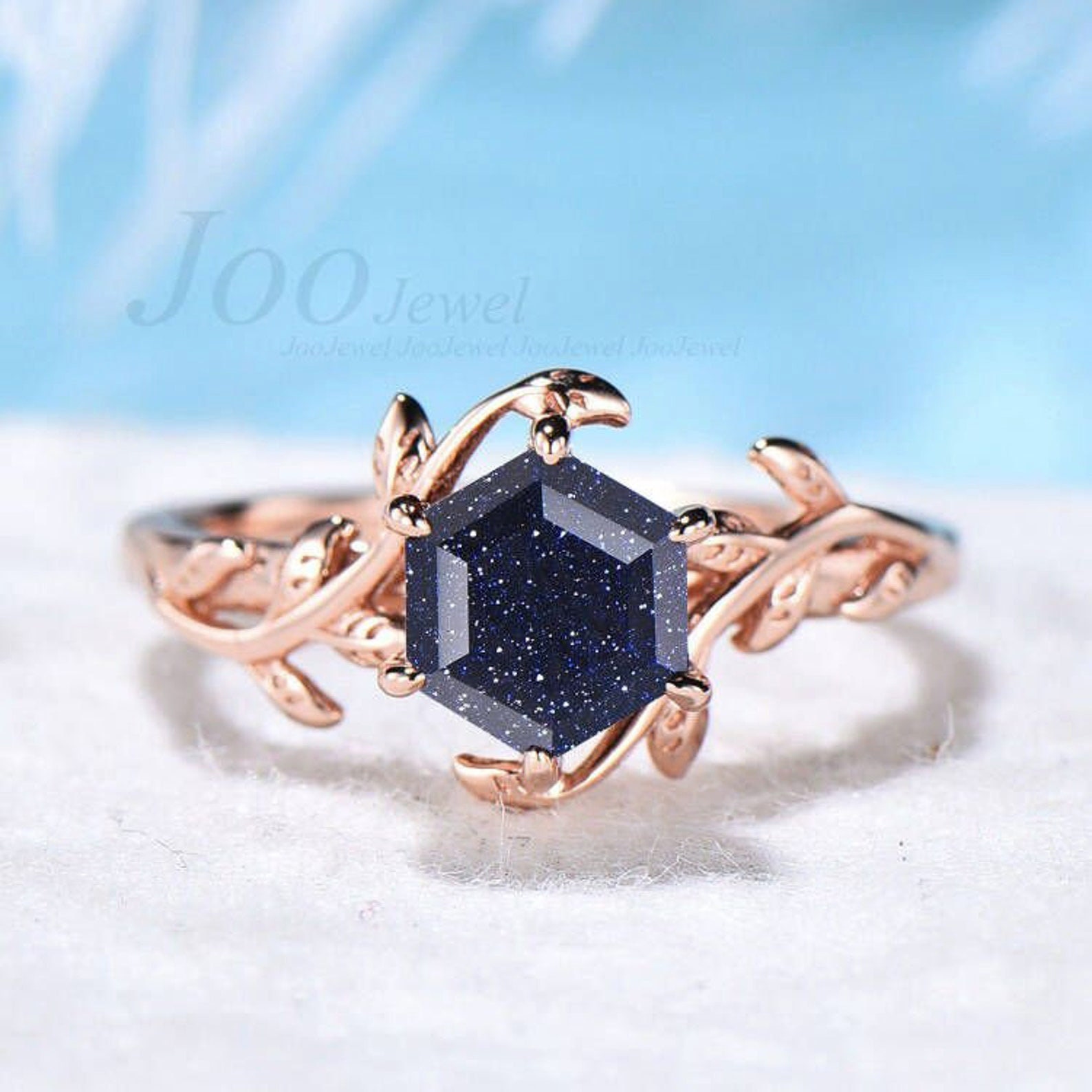 Galaxie Blauer Sandstein Ring Sterling Silber Sechseck Verlobungsring Blatt Solitär Versprechen Blau Goldstein Schmuck Geburtstag Geschenk Frauen von JooJewel