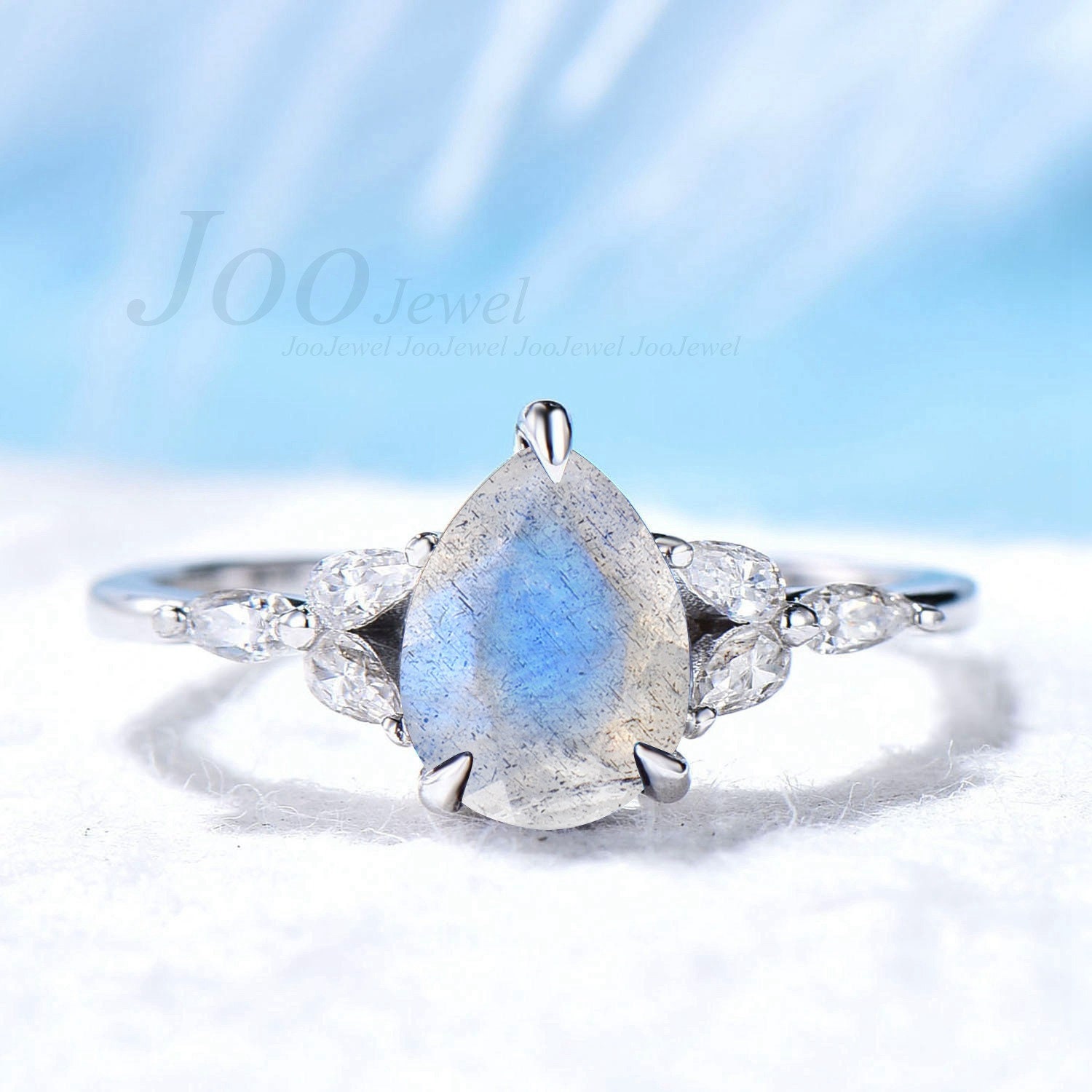 Natürlicher Labradorit Verlobungsring Sterling Silber Ring Birne Blau Mondstein Echte Edelstein Unikat Geschenk Für Frauen von JooJewel