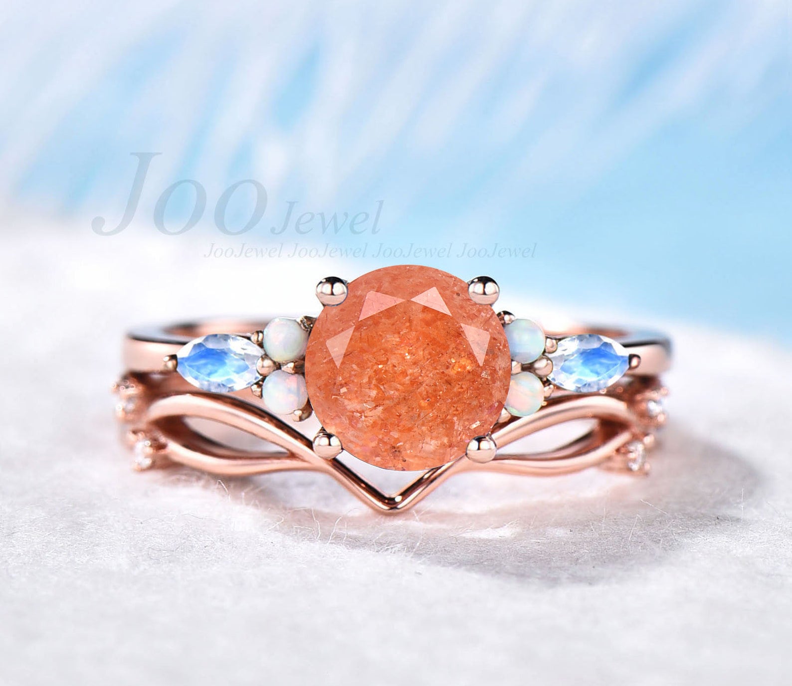 Natürlicher Mondstein Sonnenstein Verlobungsring Vintage Drei-stein Ehering Runder Ring Set Echter Opal Brautring Frauen von JooJewel