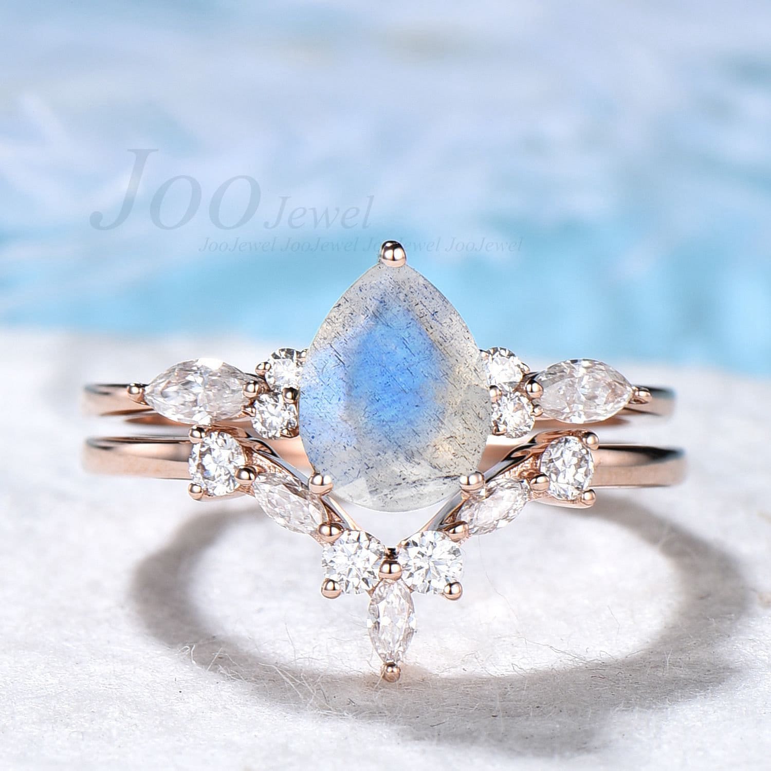 Natural Pear Labradorit Ring Sterling Silber Handgemacht Verlobungsring Set Mondstein Blau Edelstein Geburtstag Geschenk Für Frauen von JooJewel