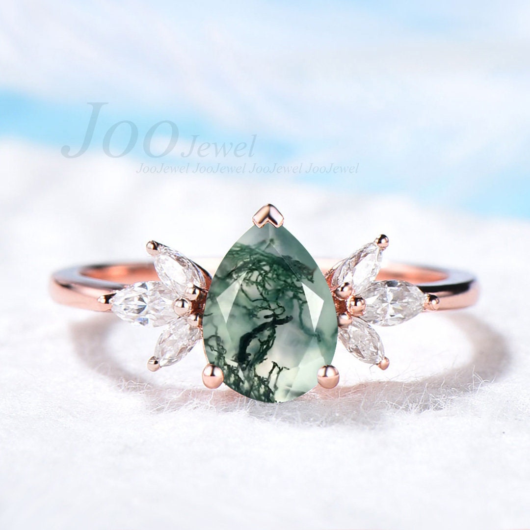 Pear Natural Moss Achat Ring Grün Edelstein Cluster Marquise Zierliche Pinky Promise Roségold Tropfen Kristall Für Frauen von JooJewel