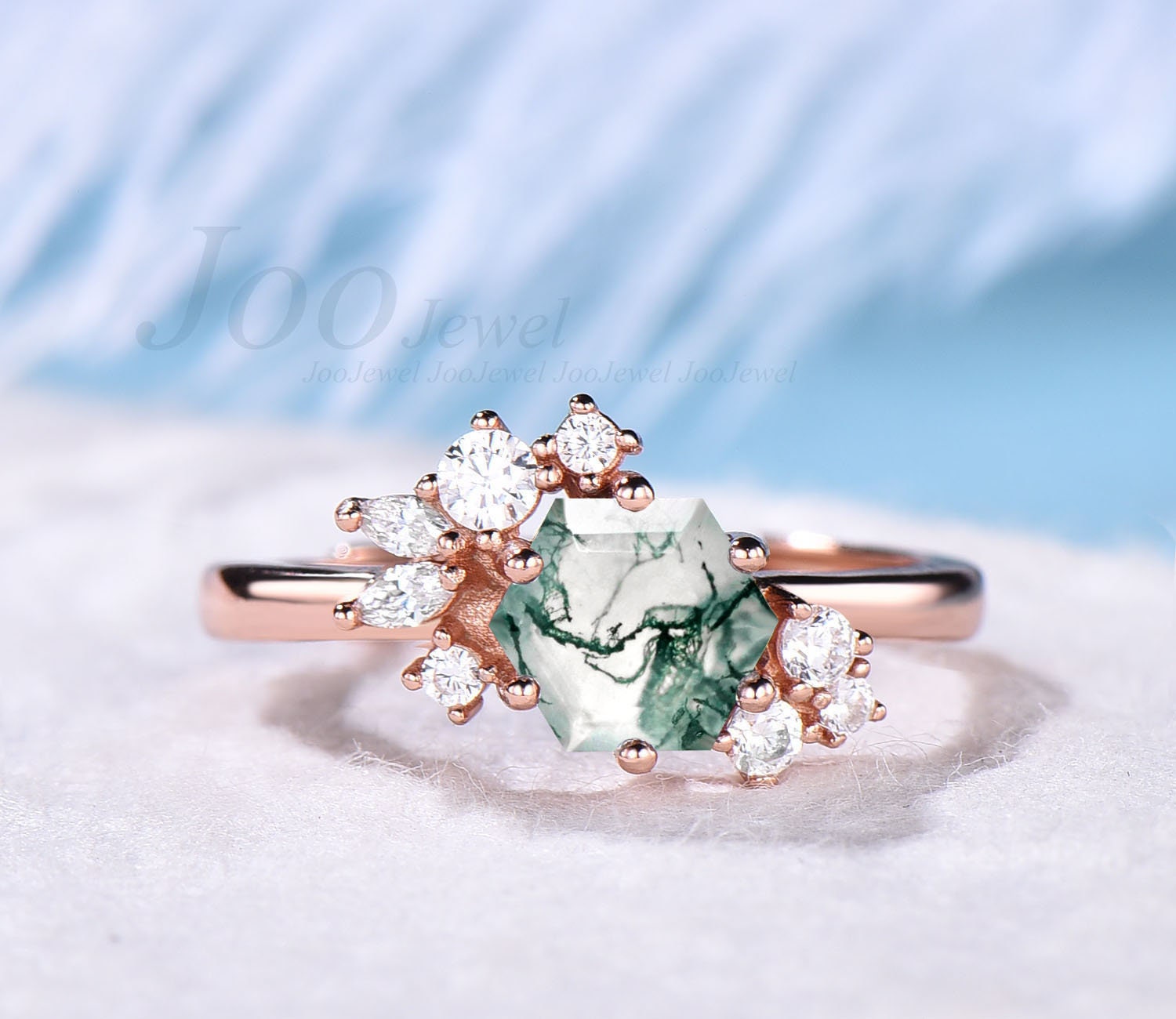 Sechseck Moos Achat Ring Vintage Grüner Moissanit Verlobungsring Roségold Unikat Ehering Für Frauen von JooJewel