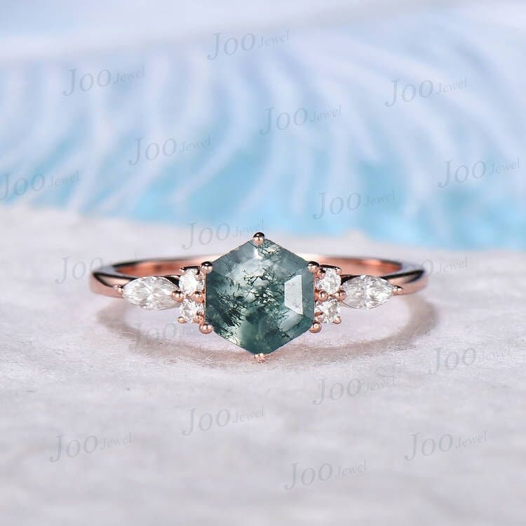 Sechseck Naturmoos Achat Verlobungsring Vintage Hexagon Ring Für Frauen 7 Stein Grün Edelstein Jahrestag Geschenk von JooJewel