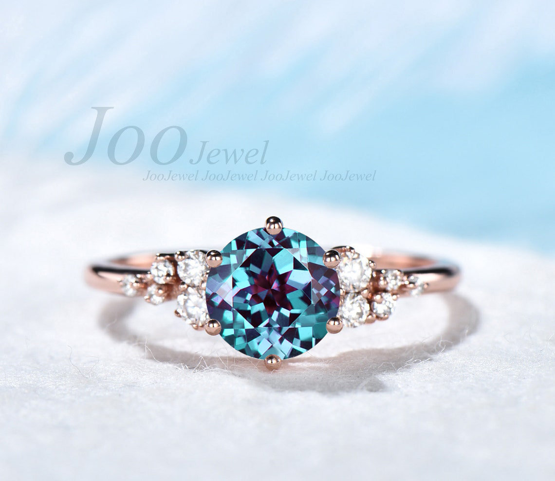 sterling Juni Birthstone Ring Runde Alexandrit Verlobungsring Rose Gold Ehering Vintage Jahrestag Farbwechsel Edelstein von JooJewel