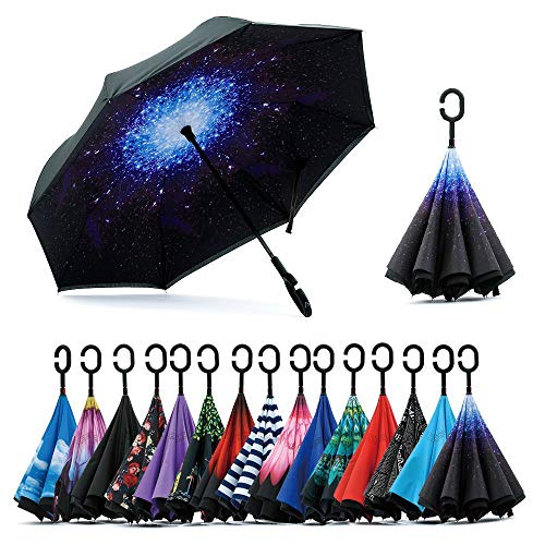 Jooayou winddichter doppellagiger Wende-Regenschirm mit UV-Schutz,selbststehendem Stock,C-förmigem Griff,Tragetasche mit Schultergurten 1 Sternenhimmel von Jooayou