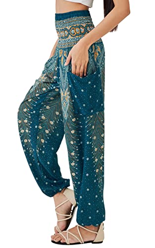 Joob Joob Boho-Hose für Damen – Hippie-Haremshose für Damen – Yogahose für Damen – bequeme böhmische fließende Hippie-Kleidung, Türkis/Ausflug, einfarbig (Getaway Solids), S/M von Joob Joob