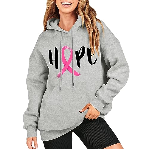 Jooffery Damen Kapuzenpullover Hoodie Sweatshirt mit Kapuze Herbst Warm Oberteil mit Kordelzug und Taschen Weltbrustkrebstag Kapuzenjacke Rosa Satinband Drucke Langarm Einfarbig Casual Sweatshirt von Jooffery