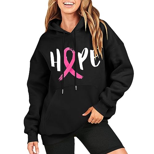 Jooffery Damen Kapuzenpullover Hoodie Sweatshirt mit Kapuze Herbst Warm Oberteil mit Kordelzug und Taschen Weltbrustkrebstag Kapuzenjacke Rosa Satinband Drucke Langarm Einfarbig Casual Sweatshirt von Jooffery