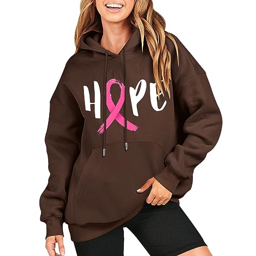 Jooffery Damen Kapuzenpullover Hoodie Sweatshirt mit Kapuze Herbst Warm Oberteil mit Kordelzug und Taschen Weltbrustkrebstag Kapuzenjacke Rosa Satinband Drucke Langarm Einfarbig Casual Sweatshirt von Jooffery