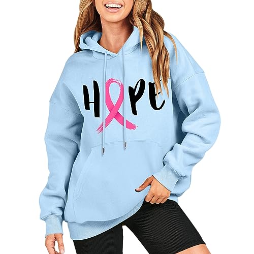 Jooffery Damen Kapuzenpullover Hoodie Sweatshirt mit Kapuze Herbst Warm Oberteil mit Kordelzug und Taschen Weltbrustkrebstag Kapuzenjacke Rosa Satinband Drucke Langarm Einfarbig Casual Sweatshirt von Jooffery