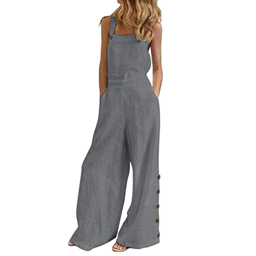 Jooffery Damen Solide latzhose Elegant Jumpsuit Baggy Baumwolle Playsuit Overall Breite Beine Retro Schlabberhose mit Taschen S-3XL von Jooffery