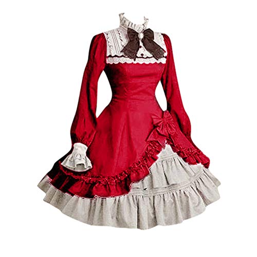 Jooffery Elegant Langarm Punk Style Kleider Rüschen Gothic Patchwork Kleid Bowknot Ärmeln A-Linie Square Neck Sommerkleid von Jooffery