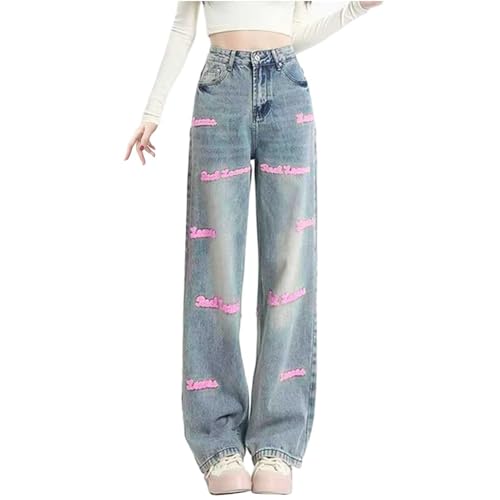 Jooffery Jeans Damen Y2K Cargohose Baggy Denim Hosen Straight Leg Jeanshose Hip Hop Boyfriend Cargo Jeans Vintage Bedruckte Loose Pants 90er E-Girl Streetwear von Jooffery