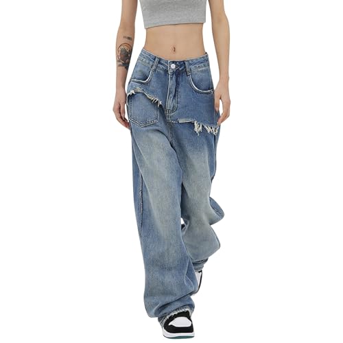 Jooffery Jeans Damen Y2K Cargohose Baggy Denim Hosen Straight Leg Jeanshose Hip Hop Boyfriend Cargo Jeans Vintage Bedruckte Loose Pants 90er E-Girl Streetwear von Jooffery