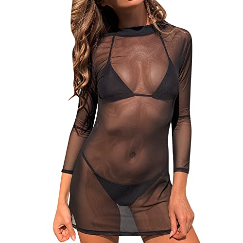 Sommer Hawaii Outfit Netzkleider Damen Sexy Durchsichtiges Blusenkleid Schwarz Kleid Minirock Bikini Cover Up Strandkleid-zum Tragen über Badeanzügen & Bikinis von Jooffery